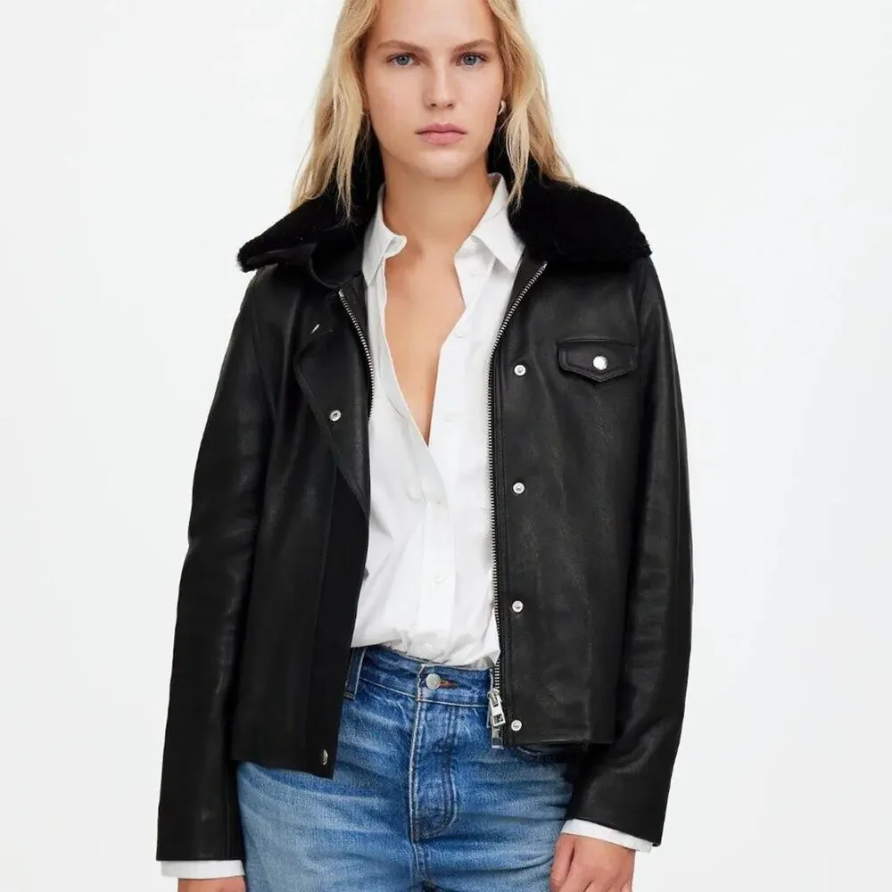NWT Madewell Sherpa-Collar Asymmetric Zip-Front Jacket in Leather XS